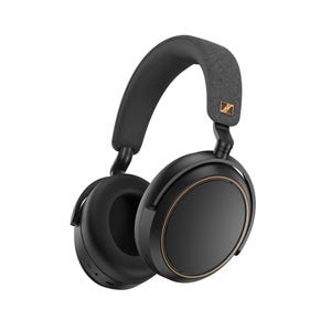 Refurbished Sennheiser ANC headphones in black with a fabric headband, featuring a sleek design with circular ear cups and subtle gold accents.