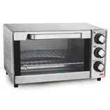 A stainless steel countertop toaster oven with three control knobs, featuring temperature, function, and timer settings. It includes a glass door and a removable wire rack.