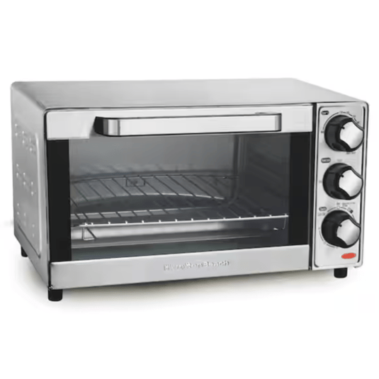 A stainless steel countertop toaster oven with three control knobs, featuring temperature, function, and timer settings. It includes a glass door and a removable wire rack.