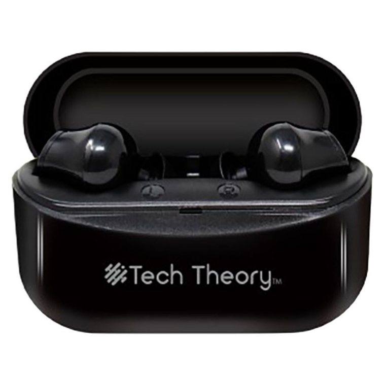 Black wireless earbuds branded \“Tech Theory\“ inside a charging case.