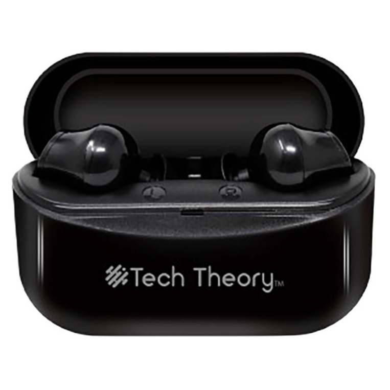 Black wireless earbuds branded \“Tech Theory\“ inside a charging case.