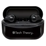 Black wireless earbuds branded \“Tech Theory\“ inside a charging case.