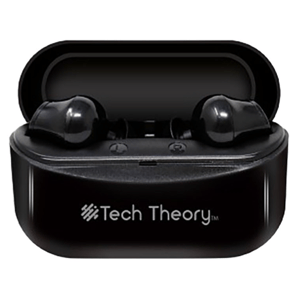 Black wireless earbuds branded \“Tech Theory\“ inside a charging case.