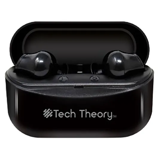 Black wireless earbuds branded \“Tech Theory\“ inside a charging case.