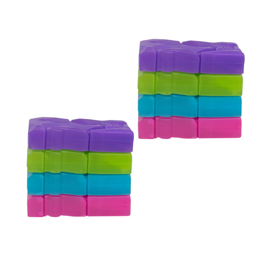 Two stacks of colorful interlocking soap pieces in shades of purple, green, blue, and pink.