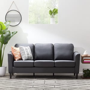 A black leather sofa with decorative pillows, a white vase with greenery, and a small end table with books and a decorative object.