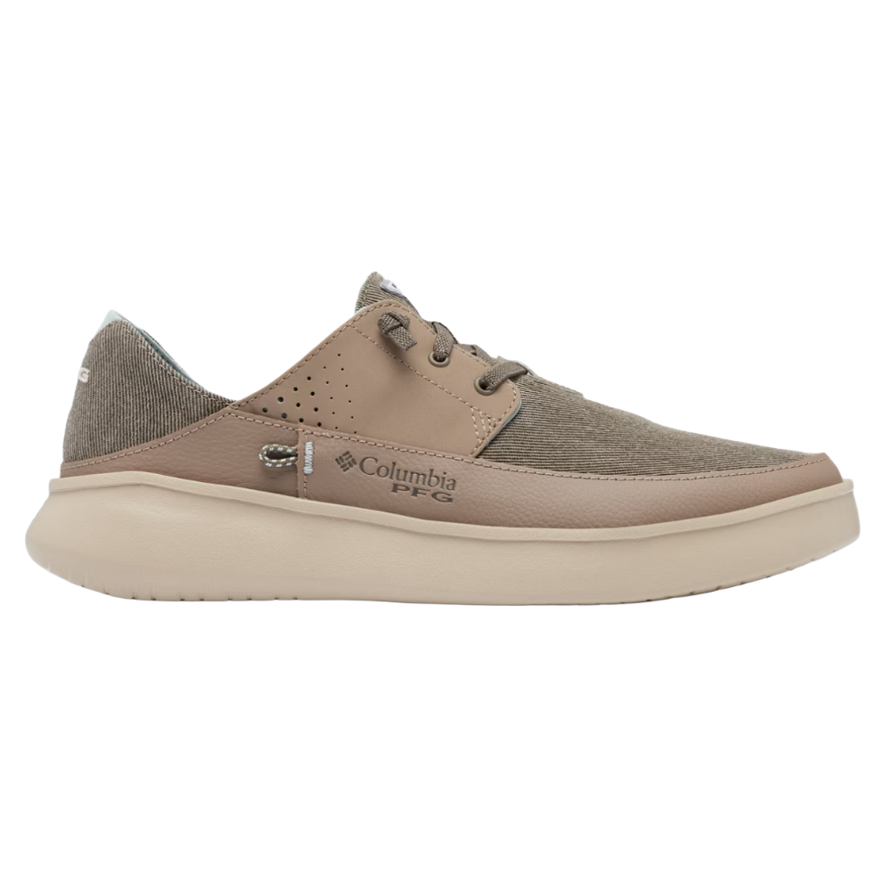 A tan and brown Columbia PFG casual shoe featuring a textured fabric upper, perforated leather accents, and a cushioned sole, designed for comfort and style.