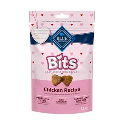 Blue Buffalo Bits soft-moist dog treats, Chicken Recipe, 4.5 oz. Shaped like a heart, made with USA chicken. Includes a customizable \“To/From\“ label.