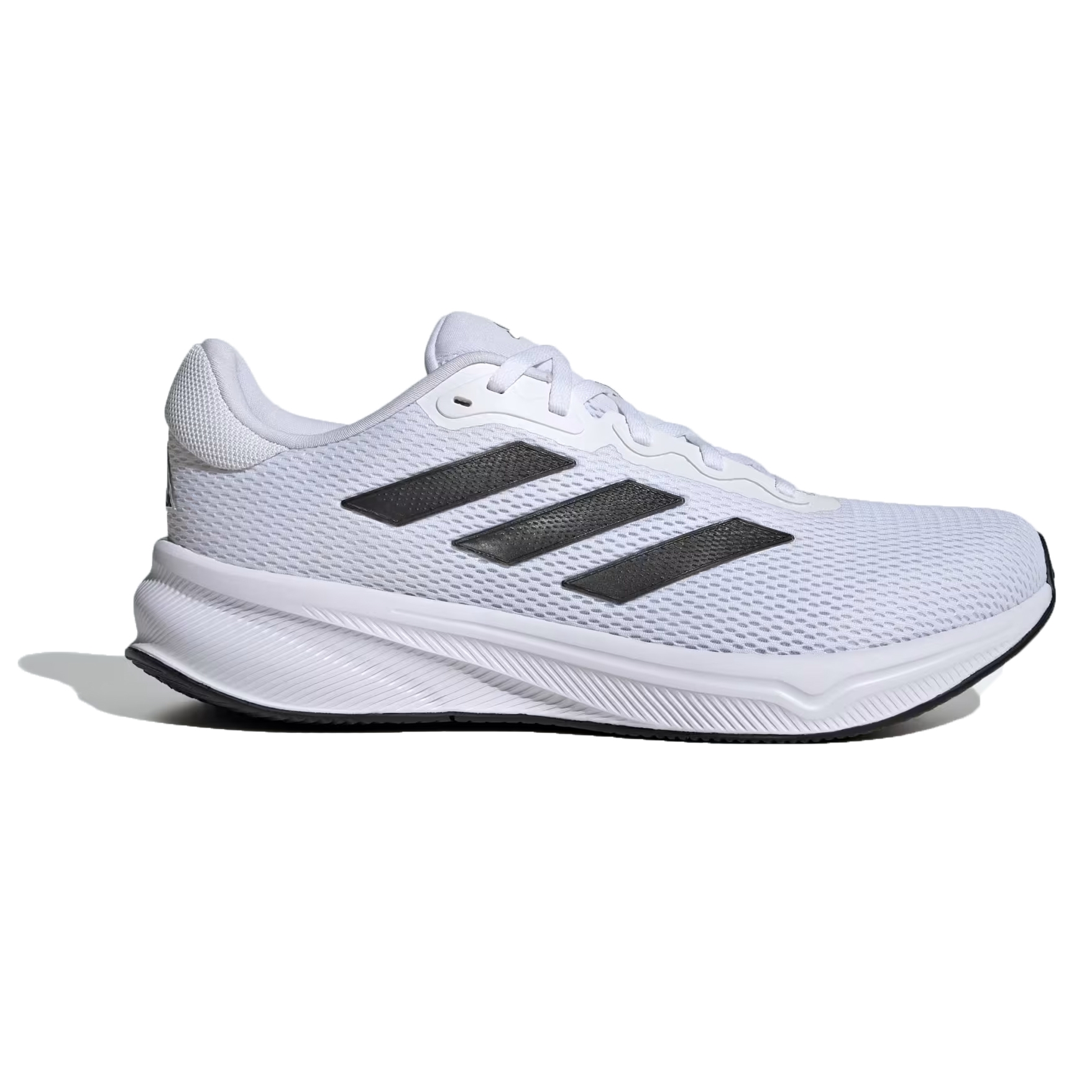 White Adidas running shoe with black stripes, featuring a breathable mesh upper and cushioned sole.