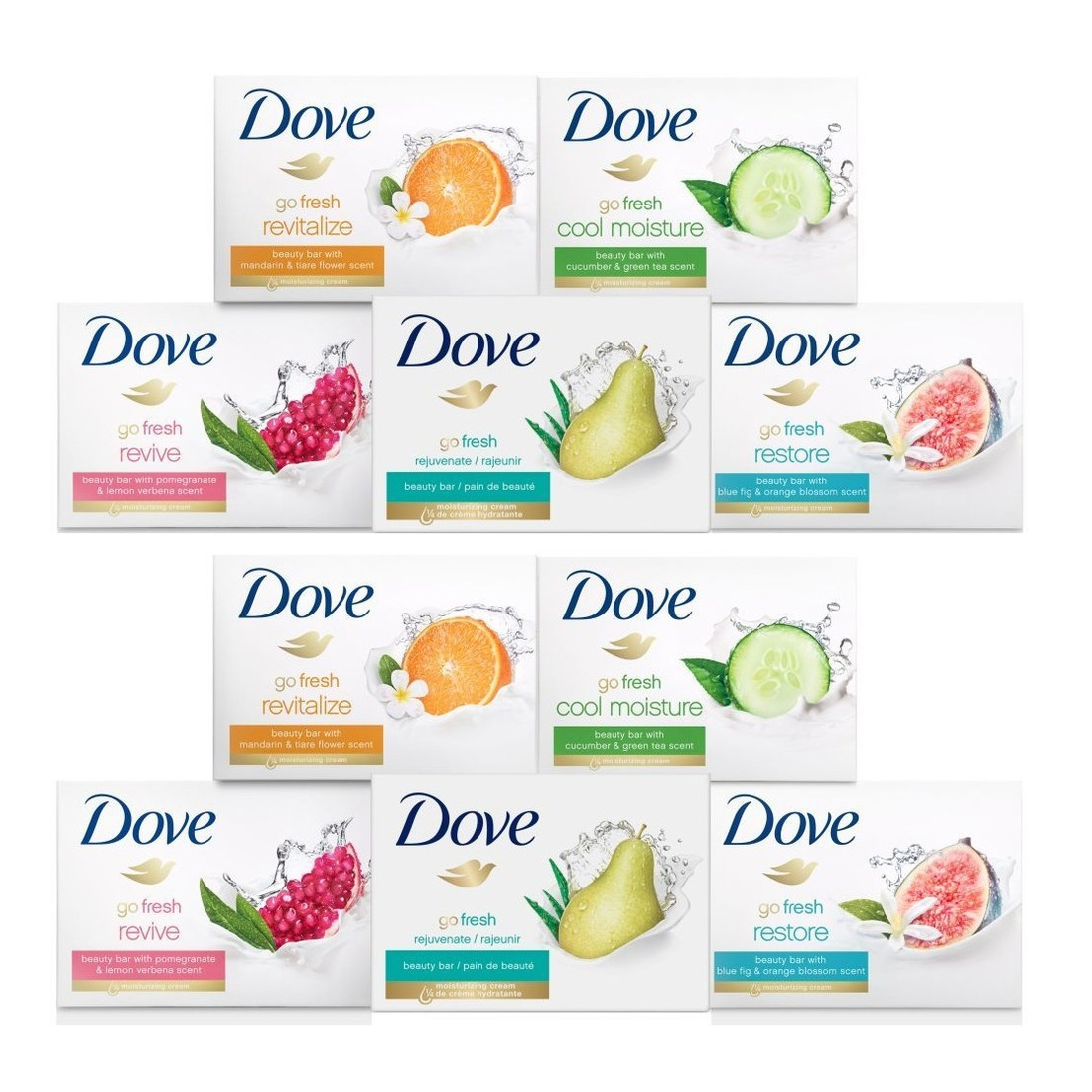 Nine Dove soap bars with various scents: mandarin, cucumber, pomegranate, pear, and fig, each paired with other fragrances.