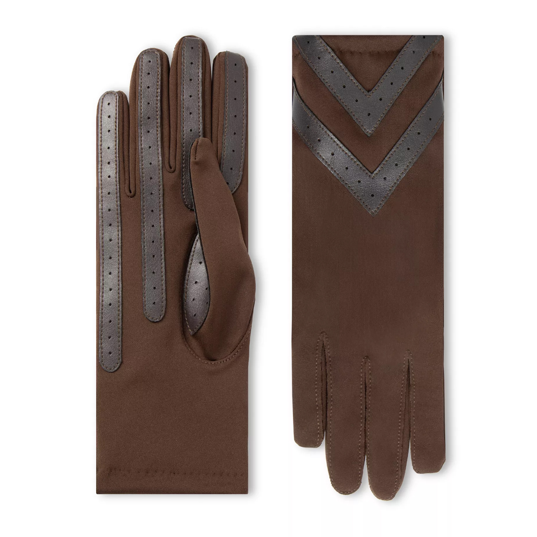 Brown gloves with dark brown leather accents, featuring vertical perforated strips on the fingers and a chevron pattern on the back.