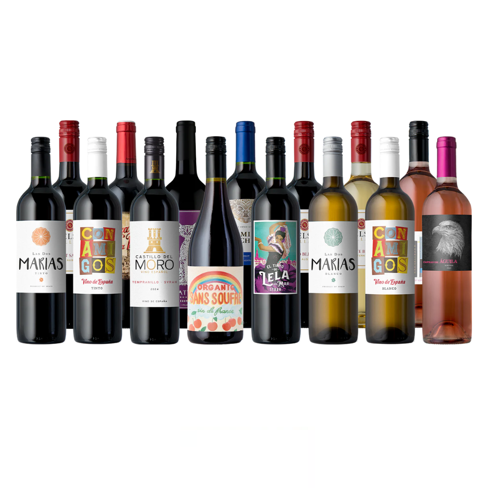 A selection of 13 assorted wine bottles featuring red, white, and rosé varieties from different brands, including organic options.