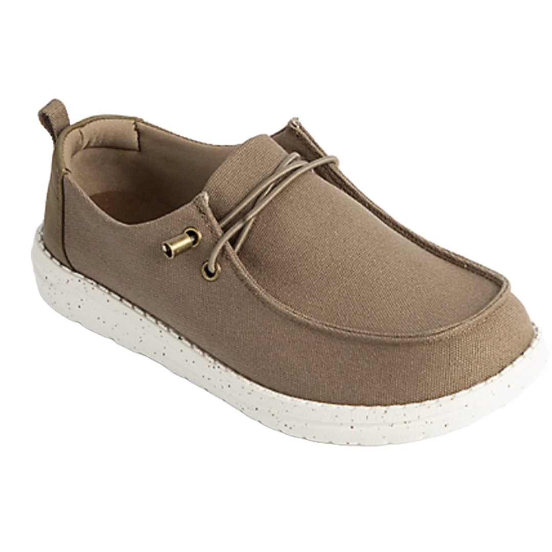Sienna Slip-On Sneakers in taupe feature a canvas upper, moccasin stitch detail, and speckled white rubber sole. The design includes a simple lace with metal eyelets and pull tab at the heel for easy wear.