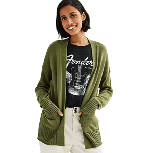 Olive green open-front cardigan with ribbed cuffs and hem, featuring two front pockets. Suitable for casual wear.