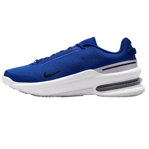 Blue athletic shoe with white sole and visible air cushioning, featuring a small black swoosh logo on the side.
