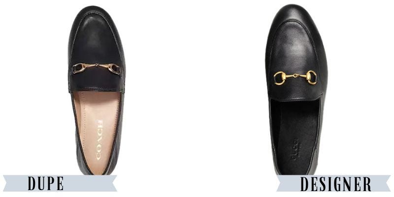 A black pair of Coach Outlet loafers besides similar Gucci loafers.