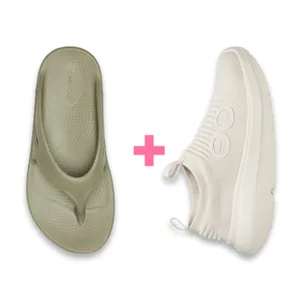 Green flip-flop sandal paired with a beige slip-on sneaker, shown with a plus sign between them on a white background.