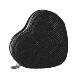 Heart-shaped black coin purse embellished with small studs and a zipper closure with a round metal pull.