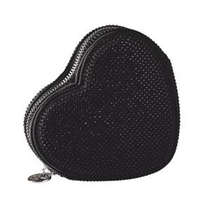Heart-shaped black coin purse embellished with small studs and a zipper closure with a round metal pull.