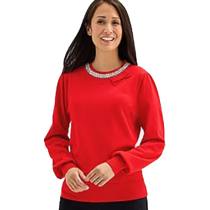 A woman is wearing a red, long-sleeved sweater with a decorative beaded neckline.