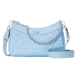 Light blue quilted shoulder bag with a chain and adjustable strap, featuring a floral pattern and the brand name \“Kate Spade New York\“ embossed on the front.