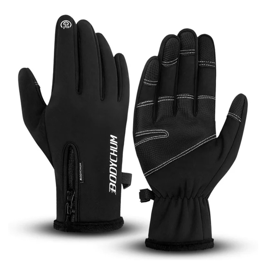 A pair of black thermal gloves with touchscreen-compatible fingertips and a zippered side for a secure fit. They feature visible stitching and a logo on the backhand.