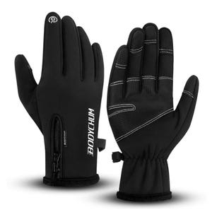 A pair of black thermal gloves with touchscreen-compatible fingertips and a zippered side for a secure fit. They feature visible stitching and a logo on the backhand.