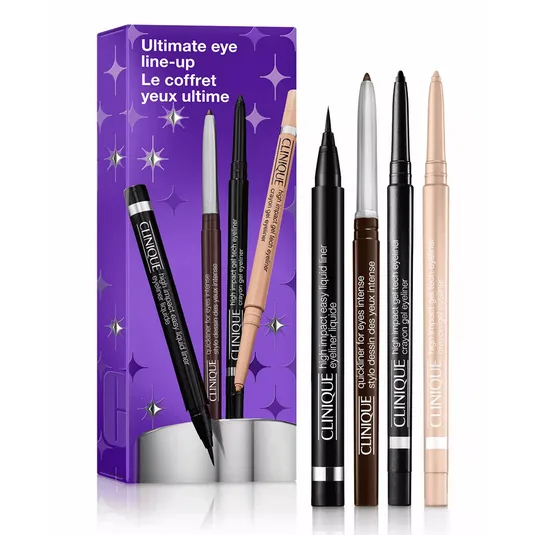 Clinique Ultimate Eye Line-Up set includes a High Impact Easy Liquid Liner and three gel eyeliners in black, brown, and nude shades, packaged in a purple box with stars.