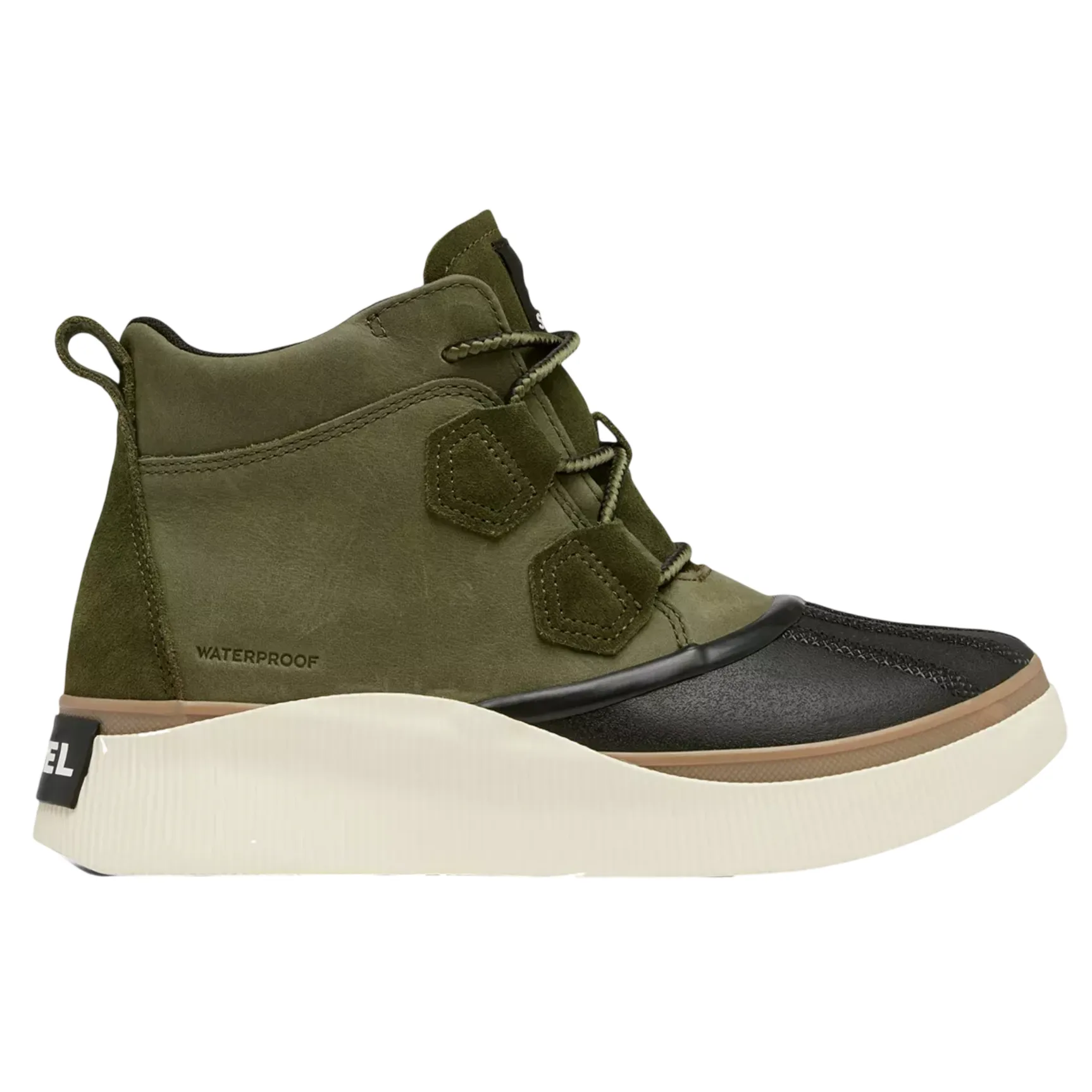 Waterproof olive green sneaker-boot with black and tan accents, featuring a high-top design and hexagonal eyelets.