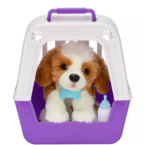 a brown and white toy dog in a purple carrying case