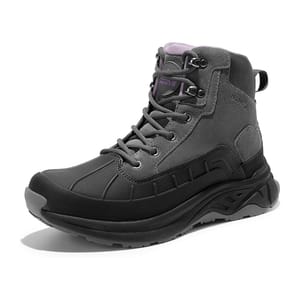 A single black hiking boot with a high-top design and purple details.