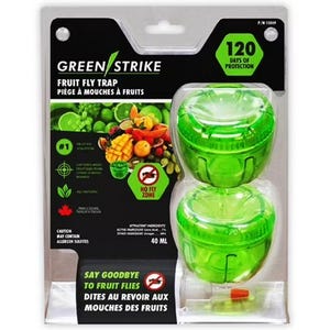 GREENSTRIKE 2pk Fruit Fly Traps offer up to 120 days of protection with all-natural ingredients, featuring two green trap containers designed to attract and capture fruit flies using a proprietary lure solution.