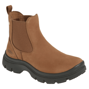 Brown Chelsea boot with black sole, featuring elastic side panels and a pull tab at the back. Brand logo visible on the heel.