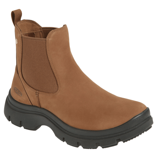 Brown Chelsea boot with black sole, featuring elastic side panels and a pull tab at the back. Brand logo visible on the heel.