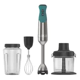 A set of kitchen appliances including a hand blender with attachments: a measuring cup, whisk, and chopper.