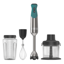 A set of kitchen appliances including a hand blender with attachments: a measuring cup, whisk, and chopper.