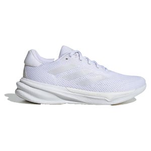Adidas Supernova Stride Shoes are sleek, all-white running shoes with a breathable mesh upper, featuring the iconic three stripes design. The sole includes \“DREAMSTRIKE\“ cushioning for added comfort and support.