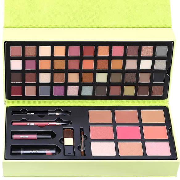 Makeup set with 56 eyeshadow shades, 6 cheek powders, 4 lip glosses, 2 lipsticks, 2 lip liners, 2 eyeliners, and application brushes.