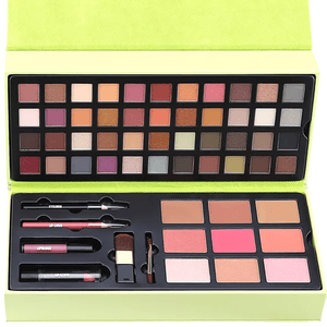 Makeup set with 56 eyeshadow shades, 6 cheek powders, 4 lip glosses, 2 lipsticks, 2 lip liners, 2 eyeliners, and application brushes.