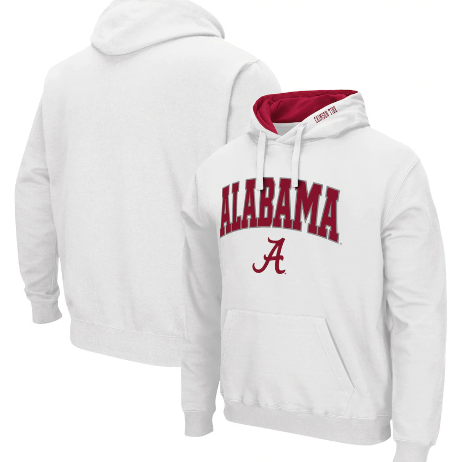 White Alabama Crimson Tide hoodie with maroon lettering and an \“A\“ logo on the chest, featuring a contrasting maroon hood lining and front pouch pocket.