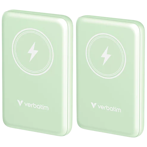 Two mint green Verbatim wireless chargers with a lightning bolt symbol on top.