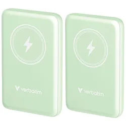 Two mint green Verbatim wireless chargers with a lightning bolt symbol on top.