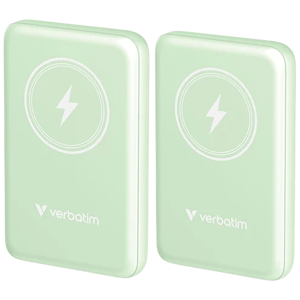 Two mint green Verbatim wireless chargers with a lightning bolt symbol on top.