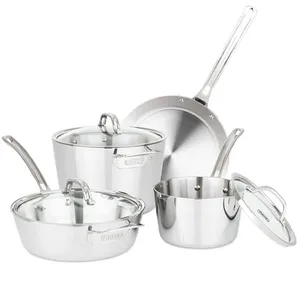 A set of stainless steel cookware including a saucepan, a sauté pan, a stockpot, and a frying pan, with matching lids.