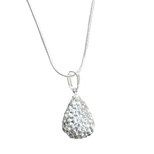 A sterling silver teardrop necklace with a textured pendant encrusted with shiny, faceted stones, hanging from a sleek, fine chain.