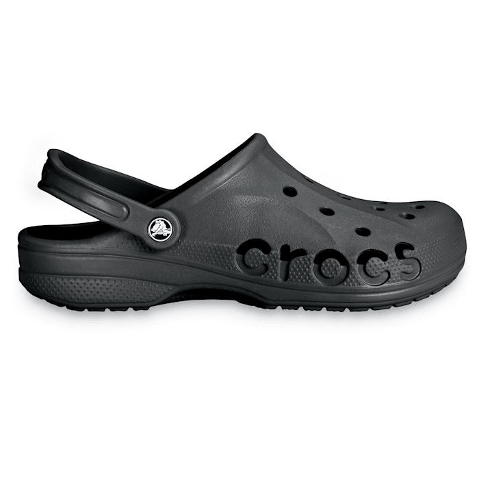 Black Crocs Adult Baya Clogs with ventilation holes and adjustable heel strap for comfort and breathability, featuring the brand name \“crocs\“ on the side.