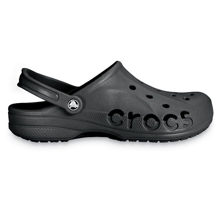 Black Crocs Adult Baya Clogs with ventilation holes and adjustable heel strap for comfort and breathability, featuring the brand name \“crocs\“ on the side.