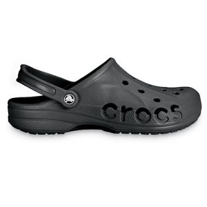 Black Crocs Adult Baya Clogs with ventilation holes and adjustable heel strap for comfort and breathability, featuring the brand name \“crocs\“ on the side.