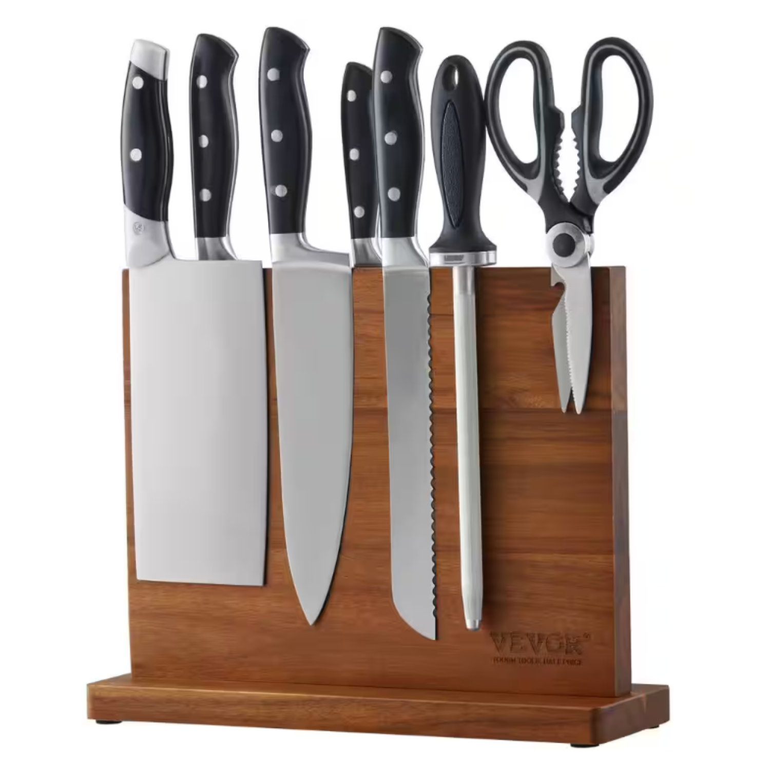 Magnetic knife block with a natural wood finish holds five knives, a sharpening steel, and kitchen shears. Knives have black handles with triple rivets, including a cleaver, chef's knife, serrated knife, and more.