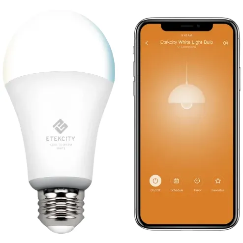 Smart LED light bulb by Etekcity, compatible with a smartphone app displaying controls for scheduling, timers, and switching on/off.